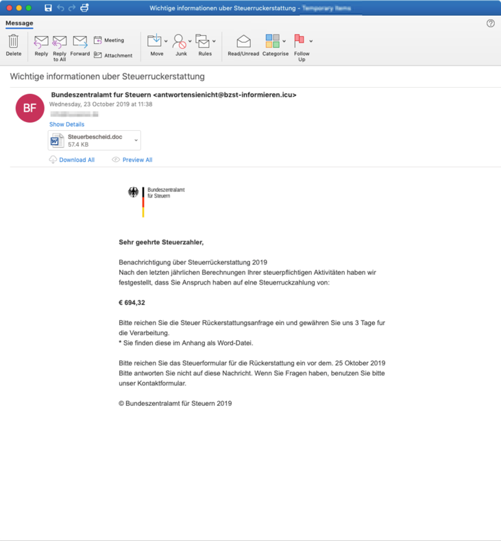 Email lure purporting to be from German Federal Ministry of Finance