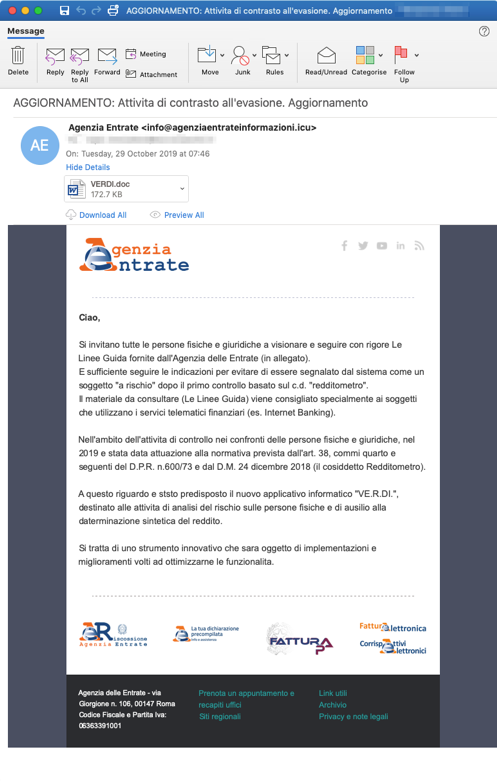 Email lure sent to Italian organizations