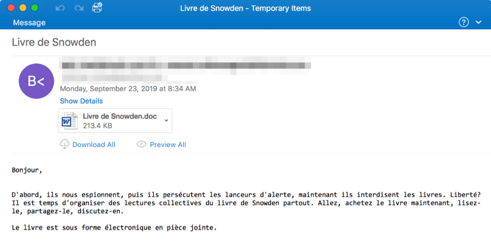 French-language email targeting French and Swiss customers with attachment to install Emotet