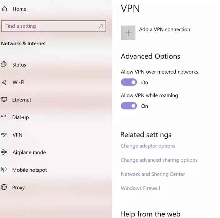 Screenshot der VPN-Einstellungen in Windows