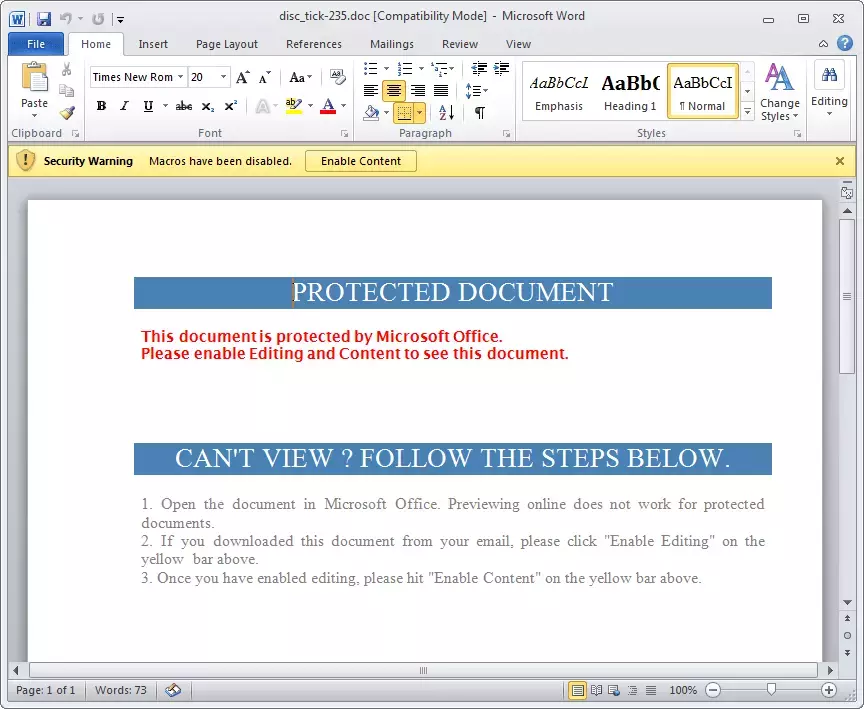 Screenshot eines Word-Dokuments mit einer Sicherheitswarnung, die darüber informiert, dass Makros deaktiviert wurden. Der Text im Dokument fordert den Nutzer auf, Makros zu aktivieren.